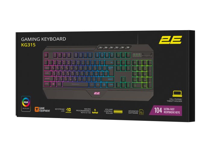 Клавіатура мембранна 2E GAMING KG315 110key, USB-A, EN/UA, RGB, чорний