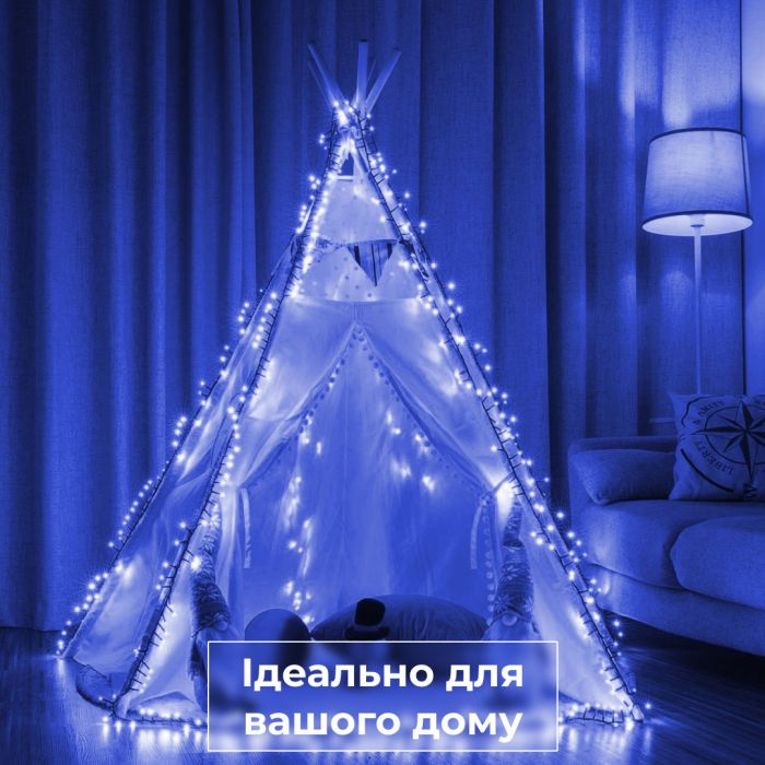 Гірлянда нитка 22 м на 218 LED лампочок світлодіодна чорний провід 8 режимів работи Синій M500LEDBL